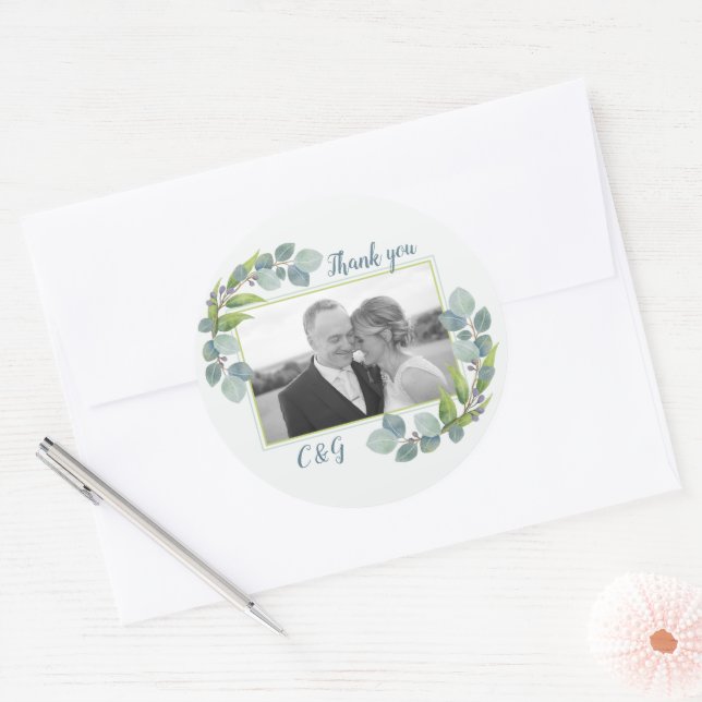 Eucalyptus Photo Wedding Thank You  Classic Round Sticker (Envelope)