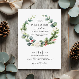 Eucalyptus Pine Greenery Wreath Evergreen Wedding Invitation