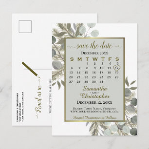 Eucalyptus & Pine Grey Save the Date Calendar Announcement Postcard