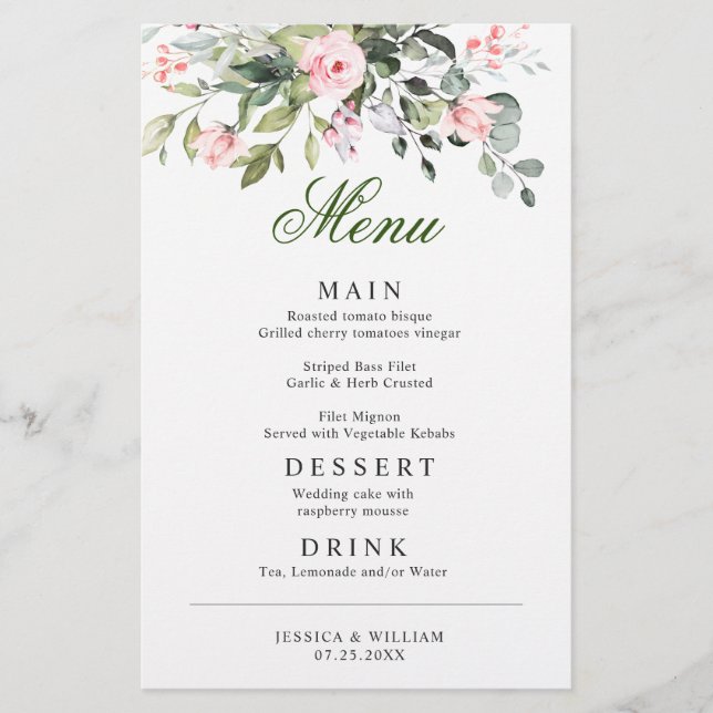 Eucalyptus Pink Blush Roses Wedding Dinner Menu (Front)