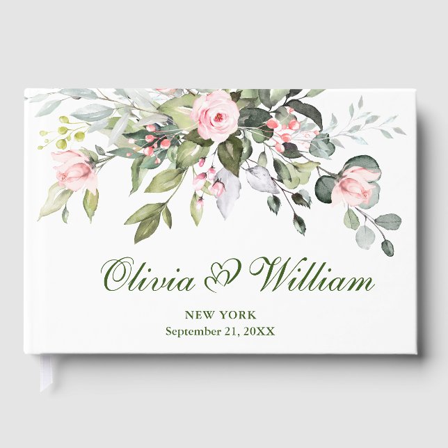 Eucalyptus  Pink Blush Roses Wedding Guest Book (Front)