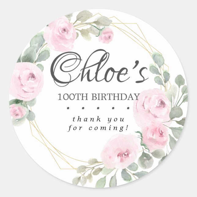 Eucalyptus Pink Floral 100th Birthday Thank You Classic Round Sticker (Front)