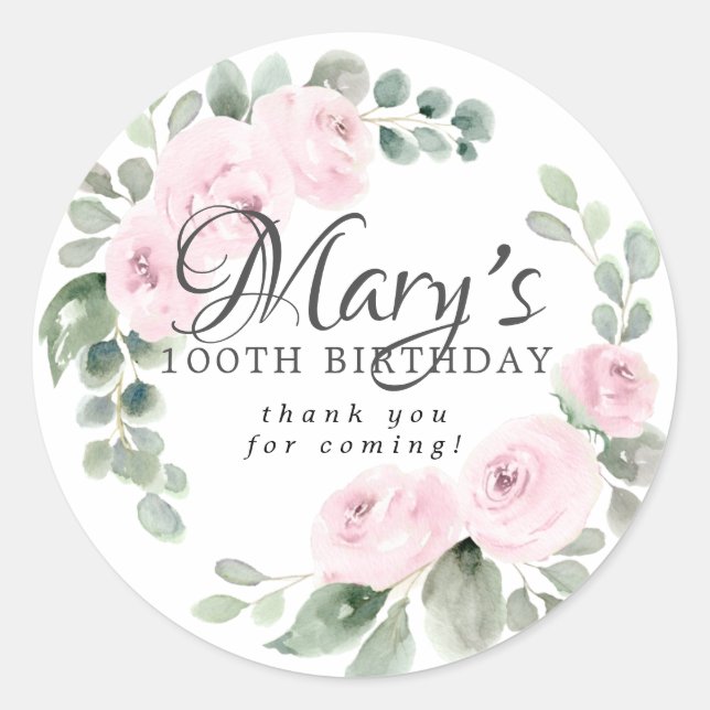 Eucalyptus Pink Floral 100th Birthday Thank You Classic Round Sticker (Front)