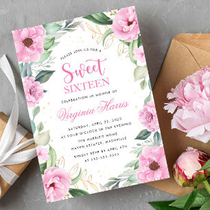 Eucalyptus Pink Floral Sweet Sixteen 16 Birthday Invitation