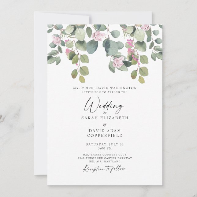 Eucalyptus & Pink Rose Elegant Wedding Invitation (Front)