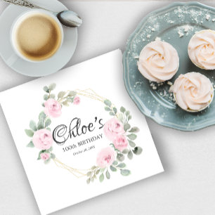 Eucalyptus Pink Rose Floral 100th Birthday Party Napkin