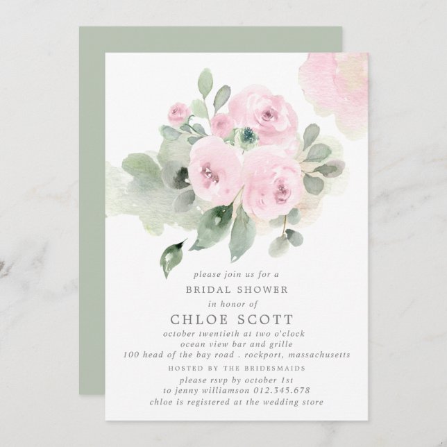 Eucalyptus Pink Rose Floral Bridal Shower Invitation (Front/Back)