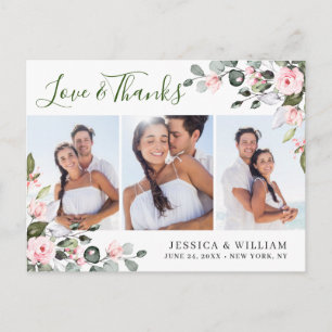 Eucalyptus Pink Roses Wedding 3 Photo Thank You Postcard