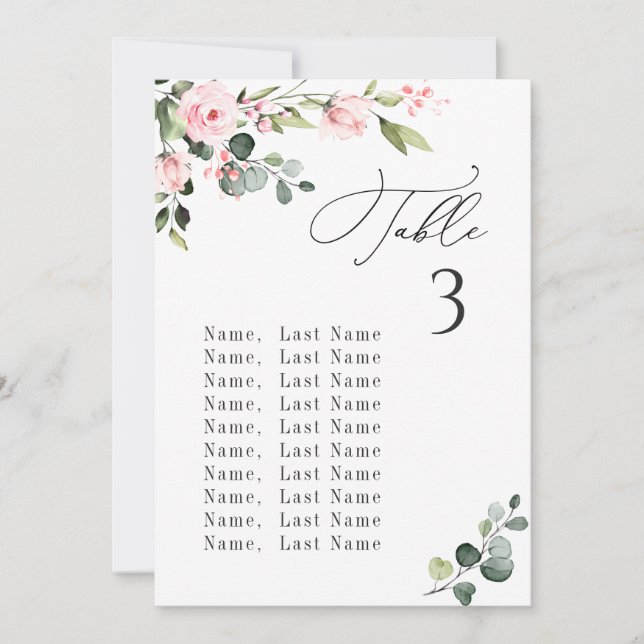 Eucalyptus Pink Roses Wedding Seating Chart Card (Front)