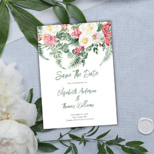 Eucalyptus Pink White Floral Roses Save the Date Invitation