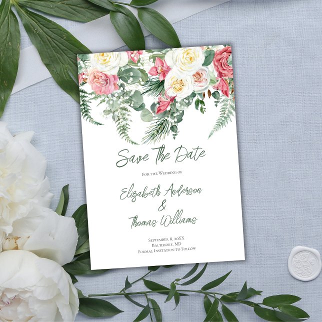 Eucalyptus Pink White Floral Roses Save the Date  Invitation (Creator Uploaded)