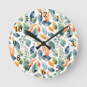 Eucalyptus Plants Green Orange 350 Watercolor Round Clock