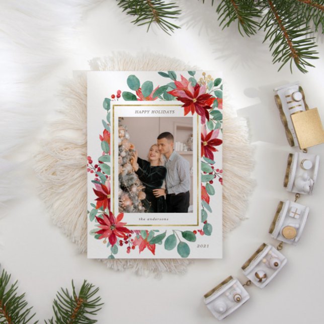 Eucalyptus Poinsettia Floral Photo Holiday Card (Creator Uploaded)