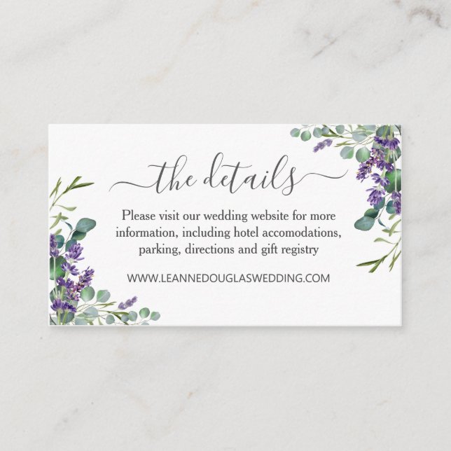 Eucalyptus Purple Lavender Flowers Wedding Details Enclosure Card (Front)