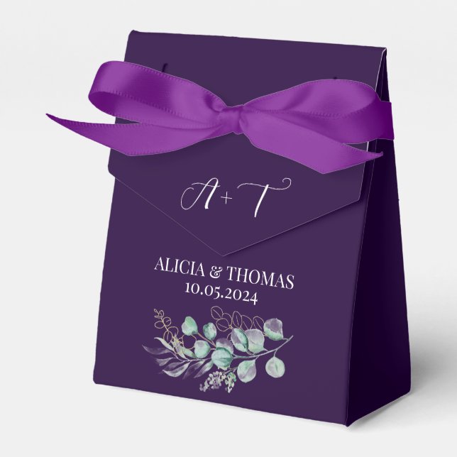 Eucalyptus Purple Plum Botanical Initials Wedding  Favour Box (Front Side)