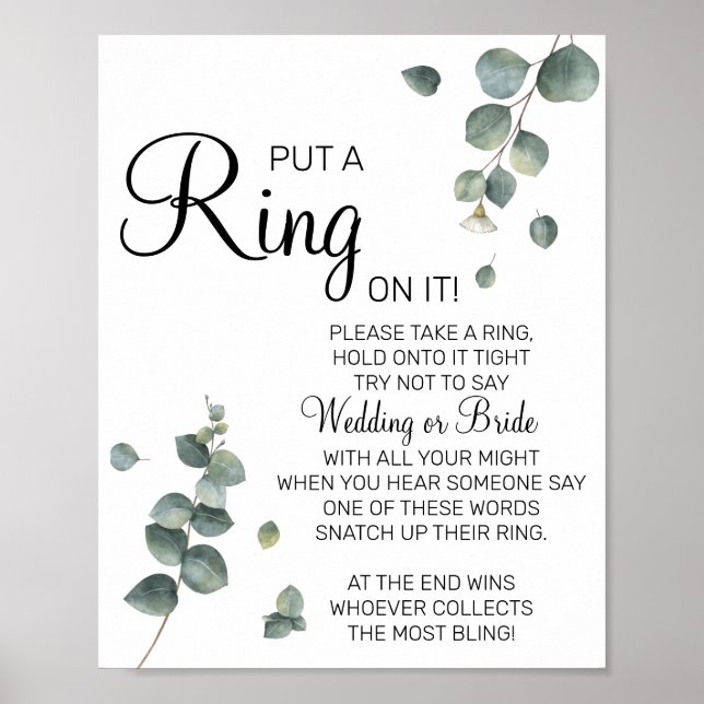 Eucalyptus Put a Ring bridal shower game sign (Front)