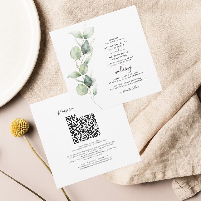 Eucalyptus QR Code All in One Botanical Wedding Invitation (Eucalyptus Botanical Script QR Code Wedding Invitation)