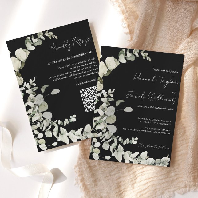 Eucalyptus QR Code Black Wedding Invitation (qr code wedding invitation black eucalyptus)