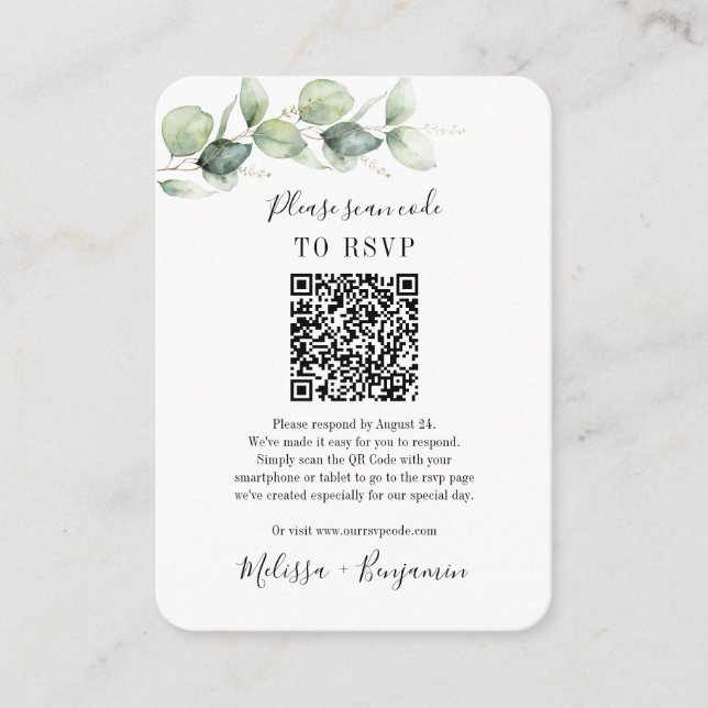 Eucalyptus QR Code Wedding RSVP Minimalistic Enclosure Card (Front)