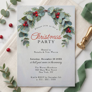 Eucalyptus Red Berry Winter Christmas Party Invitation
