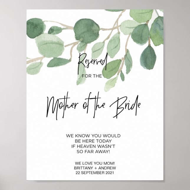 Eucalyptus Reserved for Mother of Bride Wedding Poster (Front)