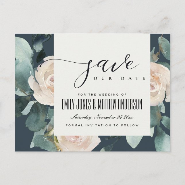 EUCALYPTUS ROSE BLUSH NAVY KRAFT SAVE THE DATE ANNOUNCEMENT POSTCARD (Front)