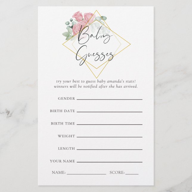 Eucalyptus Rose Geometric Baby Shower Guesses Game (Front)