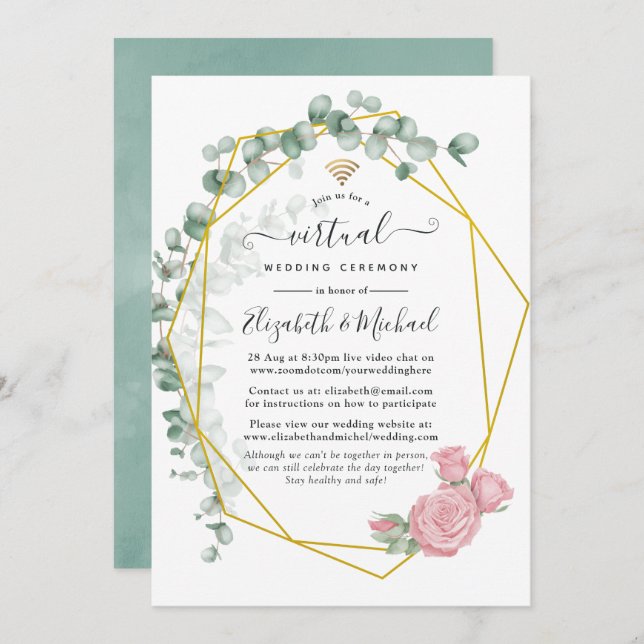 Eucalyptus Rose Geometric Online Virtual Wedding Invitation (Front/Back)