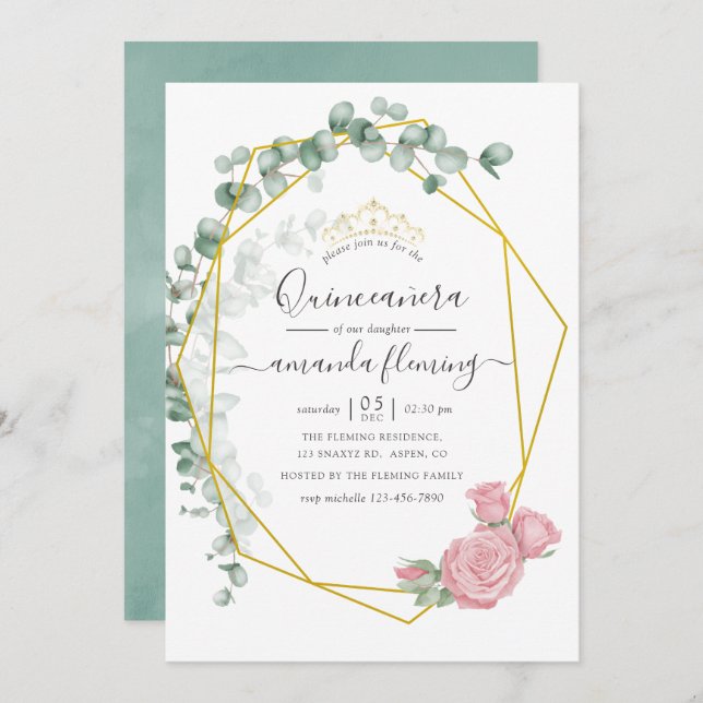 Eucalyptus Rose Geometric Quinceañera Invitation (Front/Back)