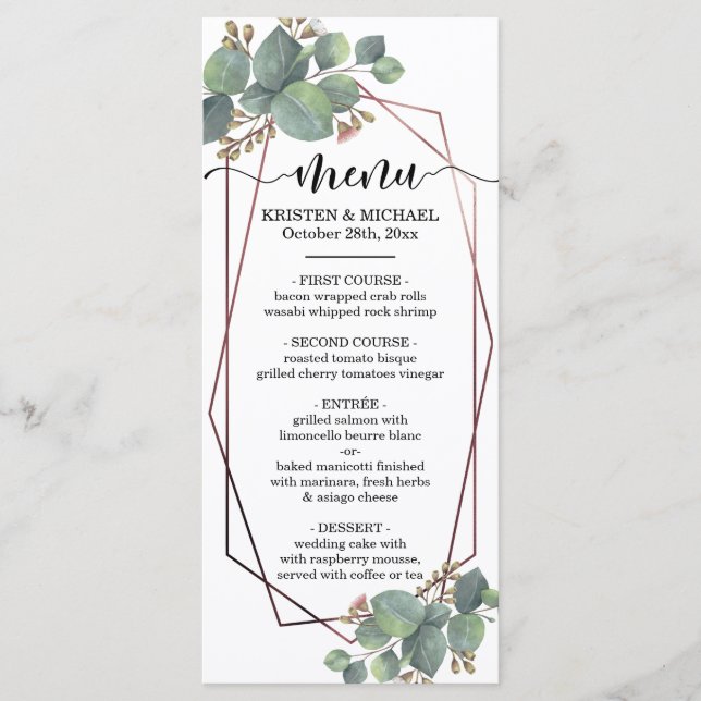 Eucalyptus rose gold geometric frame wedding menu (Front)