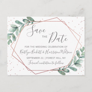 Eucalyptus Rose Gold Geometric Save The Date Announcement Postcard