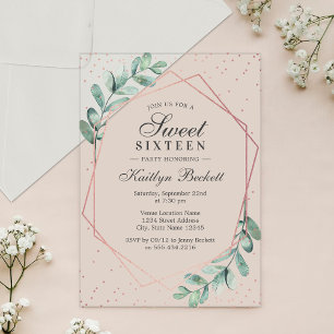 Eucalyptus Rose Gold Geometric Sweet Sixteen Acrylic Invitations