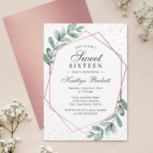 Eucalyptus Rose Gold Geometric Sweet Sixteen Invitation