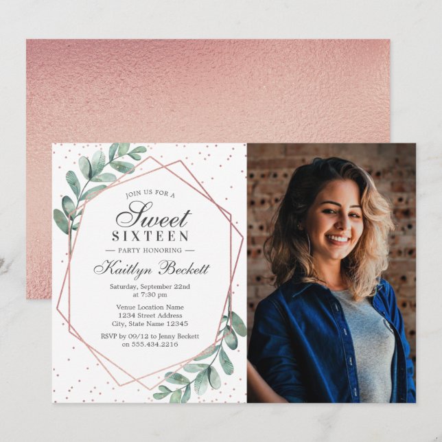 Eucalyptus Rose Gold Geometric Sweet Sixteen Photo Invitation (Front/Back)