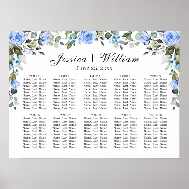 Eucalyptus & Roses 10 Tables Wedding SEATING CHART (Front)