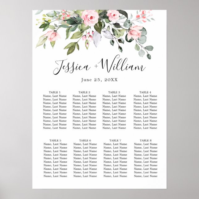 Eucalyptus & Roses 8 Tables Wedding SEATING CHART (Front)