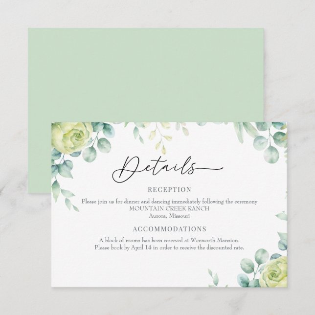 Eucalyptus Roses | Elegant Boho Greenery  Details Enclosure Card (Front/Back)