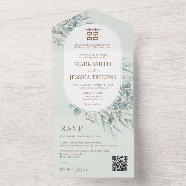 Eucalyptus Round Frame Chinese Wedding All In One Invitation (Inside)