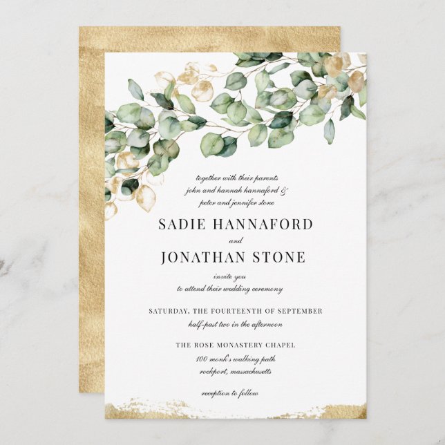 Eucalyptus Rustic Gold Elegant Botanical Wedding Invitation (Front/Back)