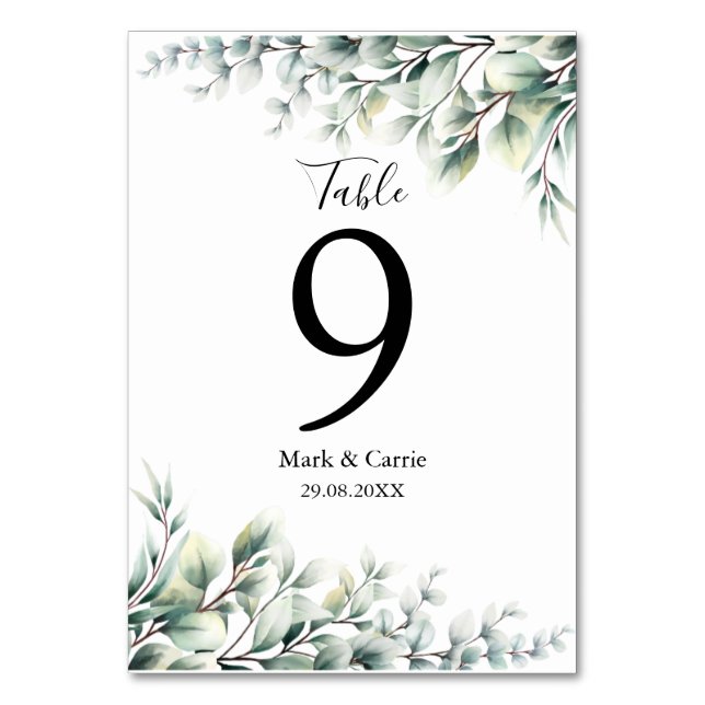 Eucalyptus Rustic Greenery Wedding Table Number (Front)