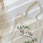 Eucalyptus rustic simple modern mr and mrs favour tote bag<br><div class="desc">Budget beautiful delicate eucalyptus foliage wedding or anniversary Mr and Mrs personalised pillow design. Modern elegant on trend sage green,  black,  navy blue and white stylish contemporary rustic collection.</div>