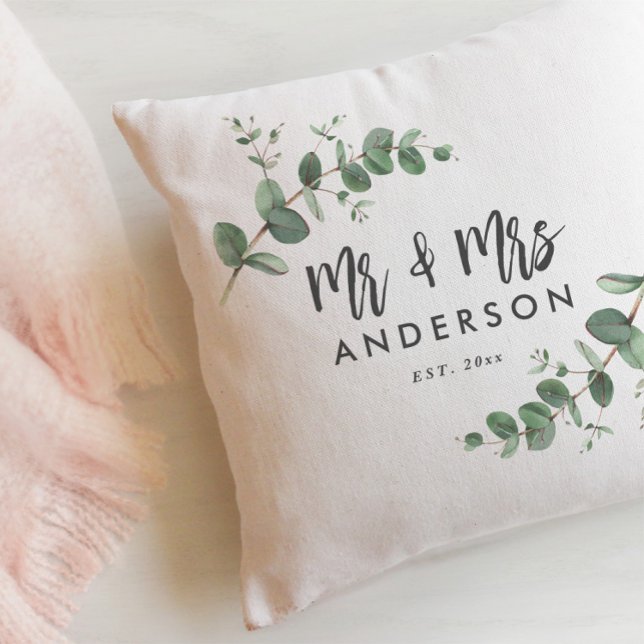 Eucalyptus rustic simple modern mr and mrs gift cushion (Creator Uploaded)