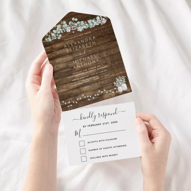 Eucalyptus Rustic Wedding String Lights All In One Invitation (Creator Uploaded)
