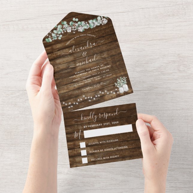 Eucalyptus Rustic Wedding String Lights RSVP  All In One Invitation (Tearaway)