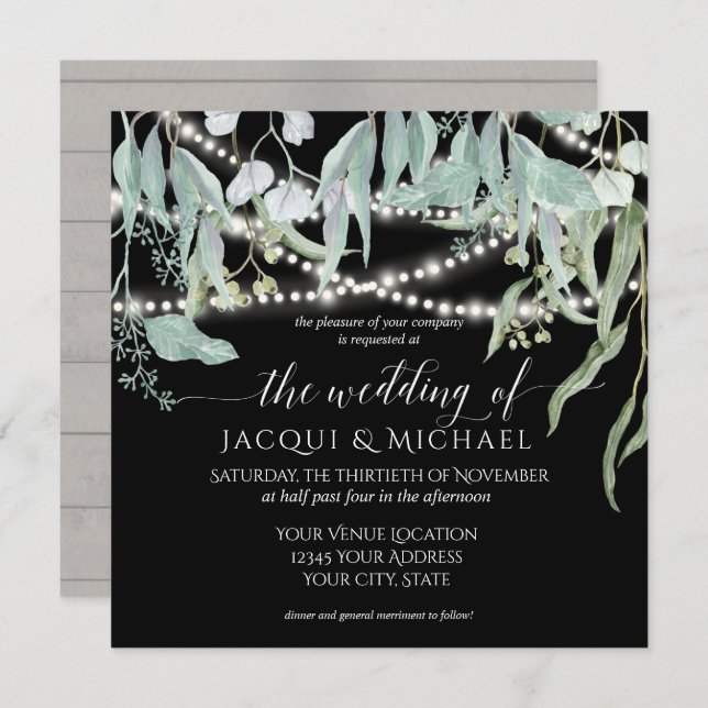 Eucalyptus Rustic Winery Twinkle Lights Wedding Invitation (Front/Back)