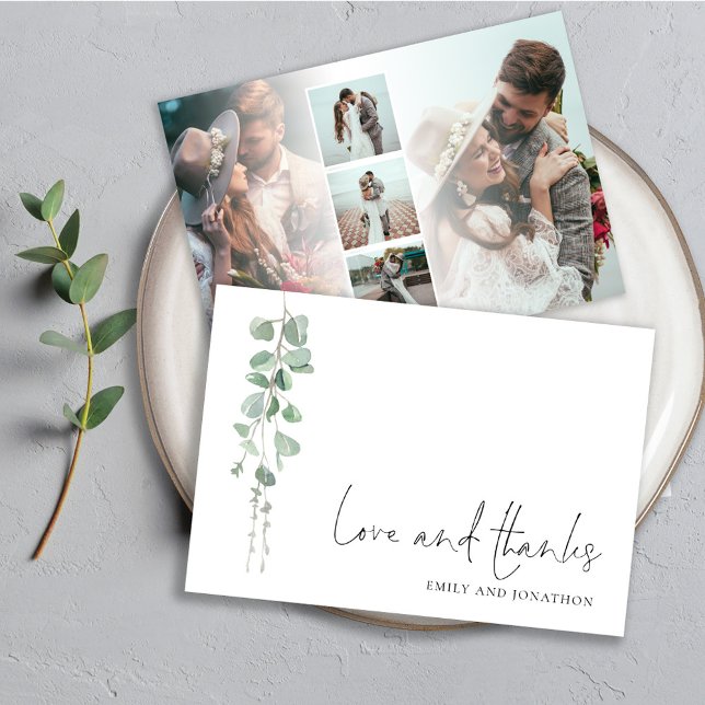 Eucalyptus Sage 5 Photos Names Wedding Love Thanks Card (front and back view)
