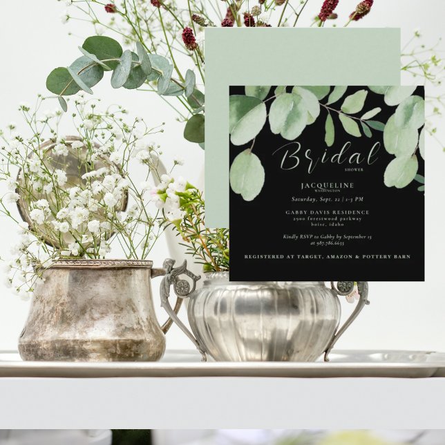 Eucalyptus Sage & Black Square Bridal Shower  Invitation (Creator Uploaded)