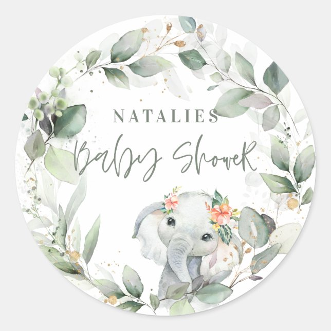 eucalyptus sage green cute elephant baby shower classic round sticker (Front)