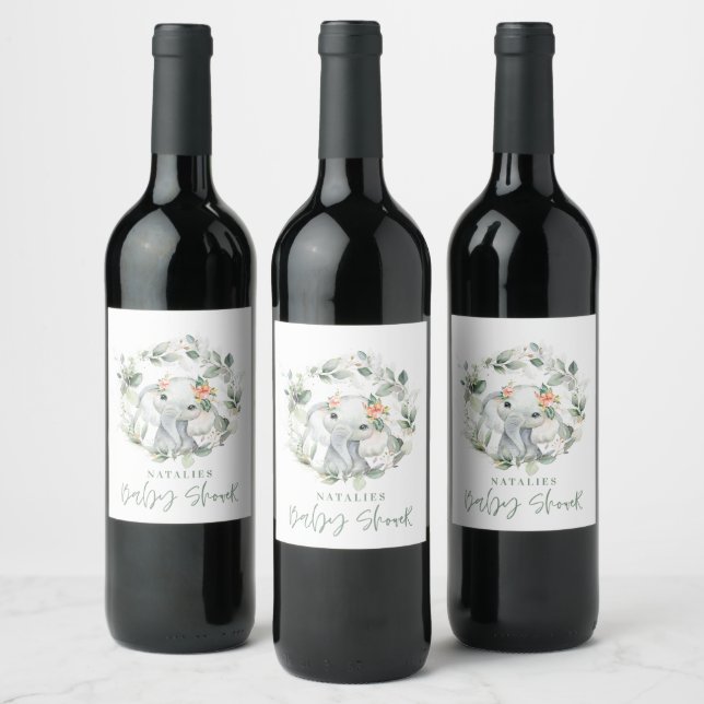 eucalyptus sage green cute elephant baby shower wine label (Bottles)
