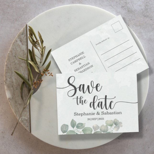 Eucalyptus Sage Green Foliage Save the Date Postcard (Creator Uploaded)